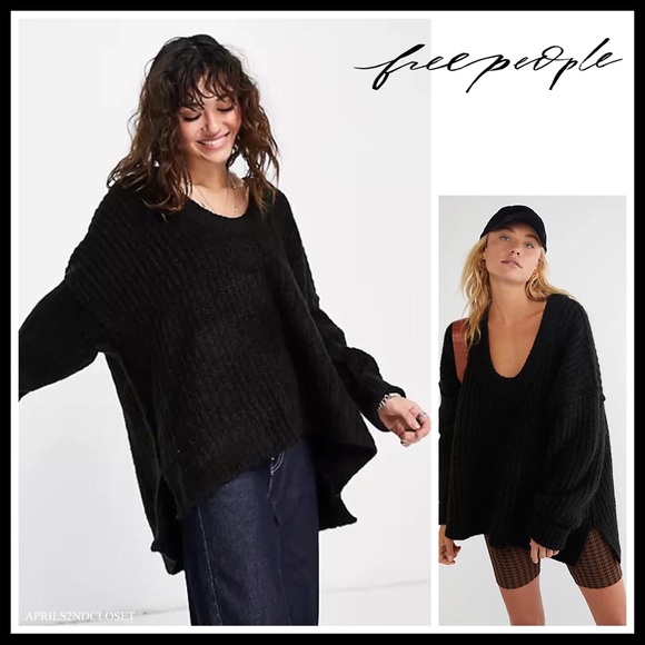 FREE PEOPLE BOHO SWEATER OVERSIZED TUNIC COZY BLACK WINTER PULLOVER A2C - Picture 4 of 13